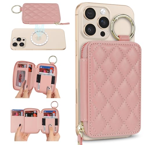 Image of Compatible with MagSafe Wallet,Magnetic Phone Wallet Card Holder for iPhone 17 /16 Pro Max /15 Pro /14 Plus /13 /12 Series,PU Leather Zipper Pocket Adjustable Stand-Rose Gold