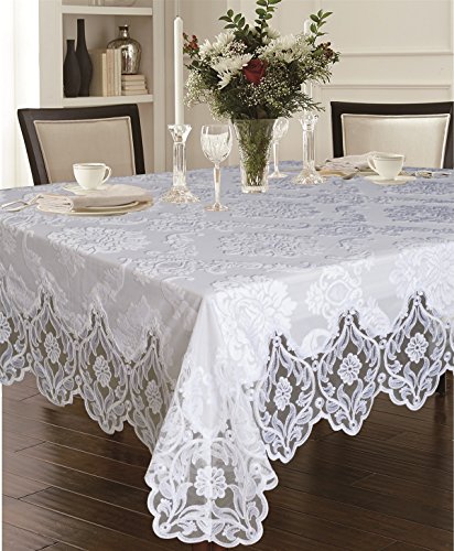 Elegant Velvet Lace Sheer Floral Deluxe Design Tablecloths - White, 70" X 160" #TOP1