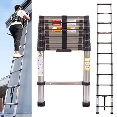 Telescoping Ladder 10.5FT Stainless Steel Heavy Duty Extension Collapsible Compact Ladder Adjustable Height 3.2M Attic Ladder Easy to Carry for Home Use Roof RV Outdoor EN131 Standard 330lb Max Load