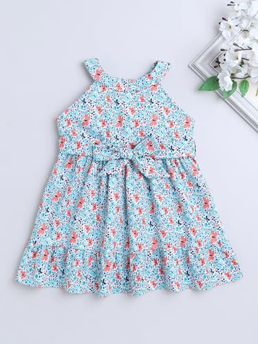 Image of The Magic Wand Kids Girls Printed Casual Dresses, Knee Length Singlet Strap Fit & Flared Cotton Once Piece Stylish Frocks for Summer Season