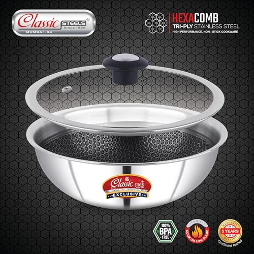 Image of Classic Steels Hexa Comb Triply Stainless Steel Tasla with Glass Lid - 3 LTR (26cm) | Induction & Gas Compatible | Silver | Healthy Oil-Free Cooking | Durable & Rust-Free | 2.5mm Thickness