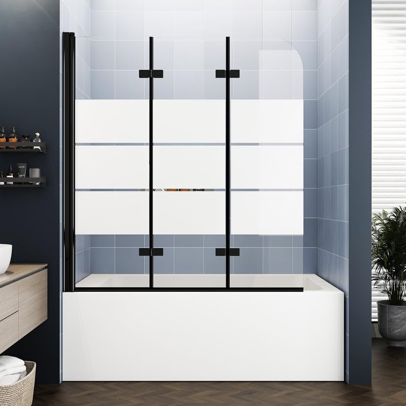 Bathtub Shower Door, 48" W x 55" H Semi-Frameless Bypass Foldable Hinged Bathtub Glass Door 1/4" Tempered Glass Shower Door with Explosion-Proof Film Matte Black Print