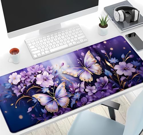 Image of IMAYONDIA Gold Butterfly Desk Pad, Purple Flowers Large Mousepad, Floral Desk Mat, Modern Beutiful Extended Mouse Pads for Laptop, Computer Pad for Women Girls Office, 31.5x11.8 in