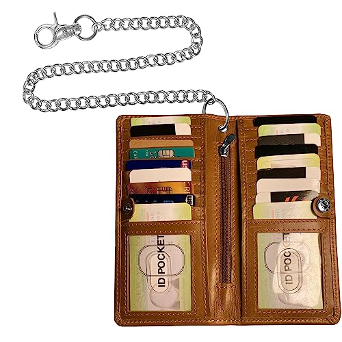 Image of IBRO Long Bifold RFID Blocking Motorcycle Chain Wallet for Men Tan Crunch