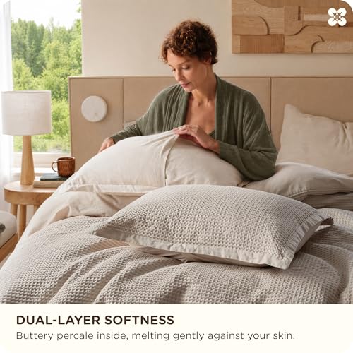 Image of Bedsure Cotton Duvet Cover Set - 100% Cotton Waffle Weave Linen Color Duvet Cover California King Size, PureWoven Breathable Cal King Bedding Set for All Season, 3 Pieces, 104 inchx98 inch
