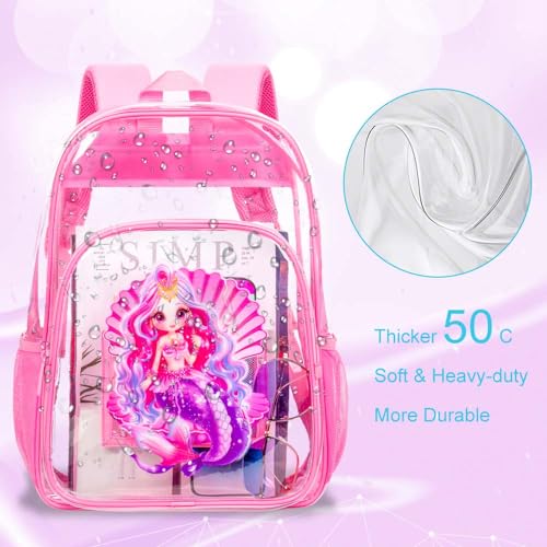 Image of AGSDON 3PCS Clear Backpack for Girls, Kids Mermaid Transparent Bookbag Heavy Duty, Cute See Through Backpacks with Lunch Bag - Pink