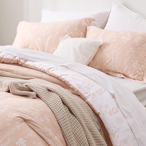 Image of Bedsure Queen Comforter Set - Blush Pink Bed Set, 3 Pieces Cute Floral Bedding, 1 Soft Reversible Botanical Flowers Comforter and 2 Pillow Shams