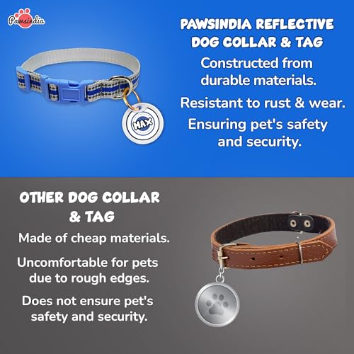 Image of Pawsindia Reflective Collar with Name Tag for Small & Medium Dogs, 0.75 Inches Wide and Adjustable Length Comes with Customize Name Tag - Blue
