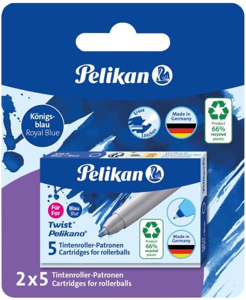 Pelikan Twist Eco Ink Cartridges for Rollerball Pens 2 x Case of 5 Rollerball Cartridges Blue Recycled Plastic