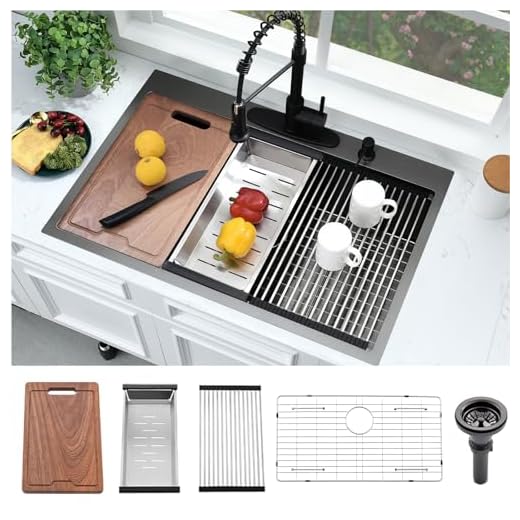33 Inch Black Drop In Kitchen Sink Workstation -Bokaiya 33x22 Black Stainless Steel Kitchen Sink Drop In Topmount Sink 16 Gauge Deep Single Bowl Kitchen Sink with Cutting Board&Strainer