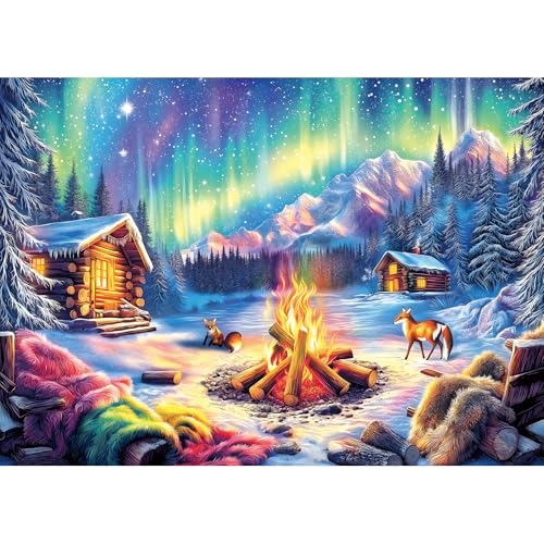 Blueforest 1000 Piece Jigsaw Puzzles for Adults, Northern Lights & Cozy Cabin Winter Bonfire - Impossible Challenging Difficult Puzzle with Aurora, Wildlife & Hygge Gift-Ready Art (27.5'x19.7')