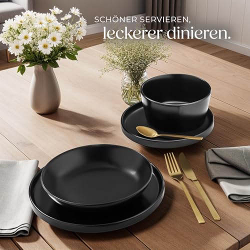 tectake® 24-tlg. Geschirrset, Tafelservice 6 Personen, Steingut Geschirr Set schwarz, Teller Set mit Schalen, Speiseteller, Frühstücksteller, tiefe Teller und Schüsseln - schwarz