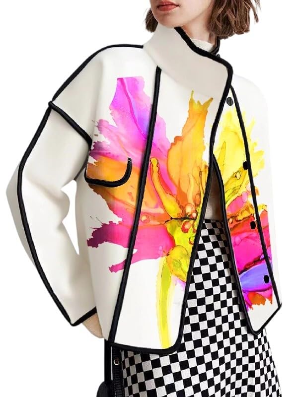UOOZEE Womens Watercolor Floral Print Jacket Stand Collar Casual Loose Fit Fall Winter Coats Outerwear with Contrast Trim