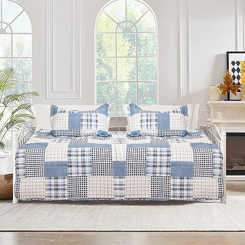 Image of Jarson 3 Piece Plaid Daybed Cover Set Twin Blue Gray White Patchwork Quilted Daybed Bedding Sets Double Side Cozy Sofa Daybed Cover with 2 Shams