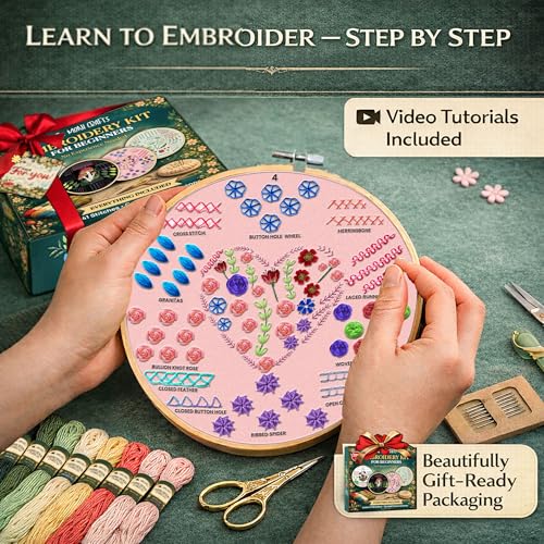Image of Moni Crafts - Embroidery Kit for Beginners Adults - Learn 41 Stitches with Complete Starter Kit, 4 Pre-Printed Patterns, Threads, Needles & Hoop - Hand Embroidery Kit with Video Tutorials