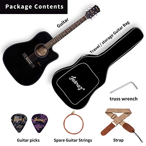 Image of JUAREZ Fiesta cm 104.14 cm (41 Inch) Acoustic Guitar Cutaway with Dual Action Truss Rod, JRZ41C /BK 21 Frets Rosewood Fretboard & Bridge, Bag, Strap, 2 Picks, Allen Key, Extra String Set, Black