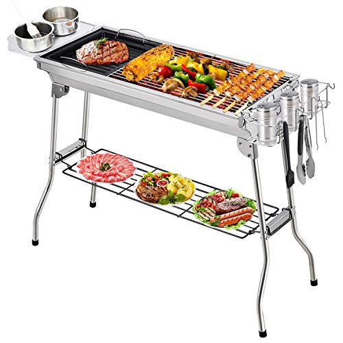 QFYZYZ Barbecue Grill,Stainless Steel Small Portable Folding Charcoal BBQ Grill Set, Smoker Grill for Outdoor Cooking Camping Picnic Outdoor Garden Charcoal BBQ Grill Party