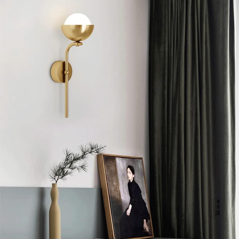 Applique da Parete per Interni in Ottone con Globo in Vetro Opalino Lampada da Parete A Palo Lungo Stile Vintage Nero Oro Satinato per Camera da Letto Comodino Bagno E Scale