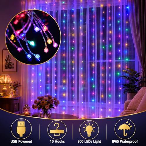 Image of One94Store Fairy Curtain String Lights, 300 LED USB Powered Fairy Lights with Remote, 8 Modes, Window Wall Decor for Bedroom, Party, Diwali & Christmas - 3x3m Multicolor