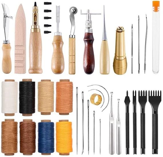 Professional Leather Working Tools Kit With Sewing Awl Hand Stitching Punch Wax Thread For Shoe Wallet Sewing Repair Craft - (Color: SET-2)
