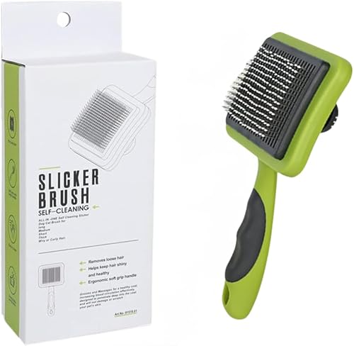 Self Cleaning Slicker Brush for Pets, Grooming Brushes for Long Short Haired Dogs Cats, Regular size Deshedding Brush, Rake, Comb Cat & Dog Grooming (Green)