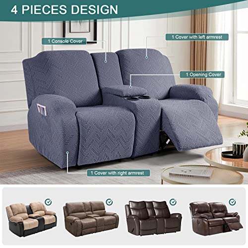 Ruaozz Stretch Loveseat Recliner Covers With Console 4-Pieces Recliner Sofa Covers With Pockets Jacquard Reclining Couch Covers Furniture Protector With Elastic Straps Bottom (2 Seater, Grey) #TOP3