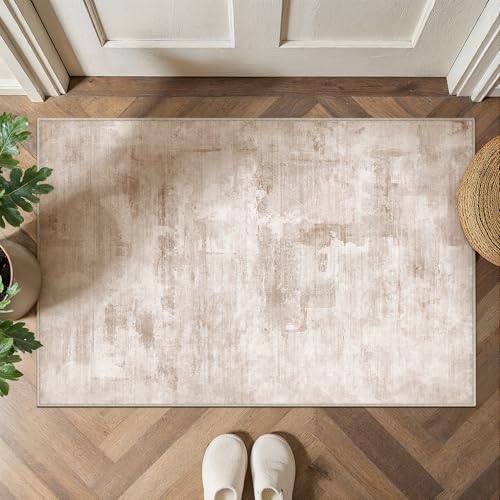 PureCozy Teppich Wohnzimmer 80x150cm Beige Braun Waschbare Carpet Modern Abstrakt Schlafzimmer Gegend Teppisch Groß rutschfest Kurzflor Weich Rugs for Living Room Esszimmer Büro Teppiche