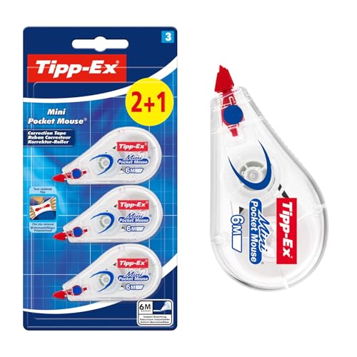 Tipp-Ex Cinta Correctora Mini Pocket Mouse – Óptimo para Material Escolar - 6 m x 5 mm, Pack de 2+1, Color Blanco