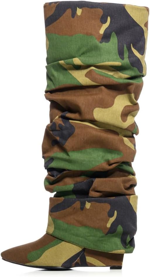 Arqa Women's Slouchy Ruched Fold Over Boots Covered Wedge Heel Knee High Cowboy Boots Wide Calf Pull on Pointed Toe Tall Booties