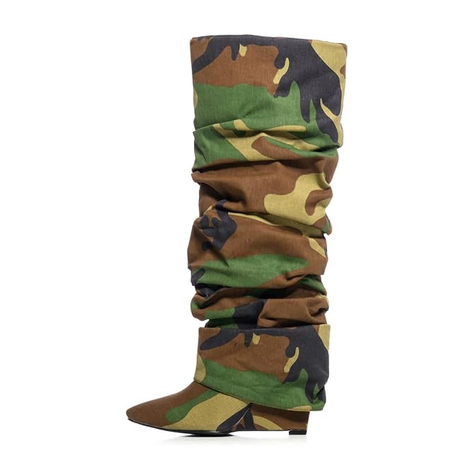 Arqa Womens Slouchy Ruched Fold Over Boots Covered Wedge Heel Knee High Cowboy Boots Wide Calf Pull on