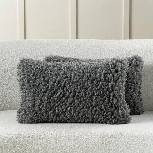 FUTEI Dark Grey Decorative Throw Pillow Covers 12x20 Inch Set of 2,Soft Fluffy Faux Wool Fur Boucle Textured Lumbar Pillow Case,Modern Home Decor for Couch Bed Living Room Office
