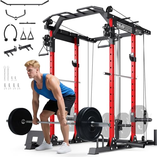 Image of YOLEO Smooth Pulley System Power Cage, Adjustable Cable Crossover Power Rack, Multi-Functional Cable Machine for Home Gym