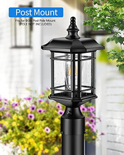 VIANIS Dusk to Dawn Post Lights Outdoor, Black (Hardwired 120V) Post Lantern with Pier Mount Base, Exterior Lamp Post Light Fixture for Patio, Garden, Waterproof, (Hardwired 120V, Not Solar)