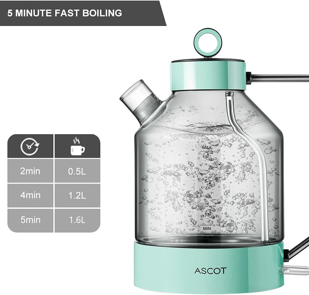 ASCOT Electric Kettle, Glass Electric Tea Kettle Gifts for Men/Women/Family 1.5L 1500W Borosilicate Glass Tea Heater, with Auto Shut-Off and Boil-Dry Protection