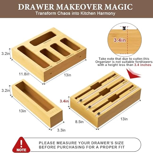 9 IN 1 Bamboo Foil and Plastic Wrap Organizer for Kitchen Drawer, Plastic Bag Organizer Organization and Storage, Food Storage Bag Organizer with Labels for Quart Gallon Snack Sandwich Bag