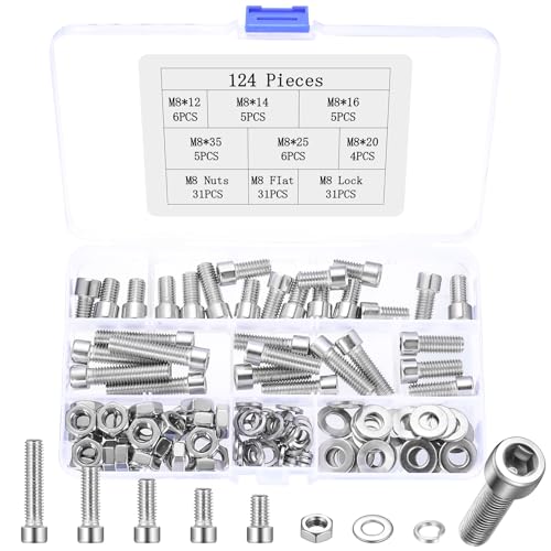 Juego de 124 tornillos M8, tornillos hexagonales de acero inoxidable, juego de tuercas, tornillos cilíndricos con hexágono interior con tuercas y arandelas, surtido de tornillos de cabeza cilíndrica