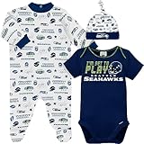 Gerber NFL Seattle Seahawks 3 Pack Bodysuit Sleep n Play Footie Cap Registry Gift Set, blue/white Seattle Seahawks, 0-3M