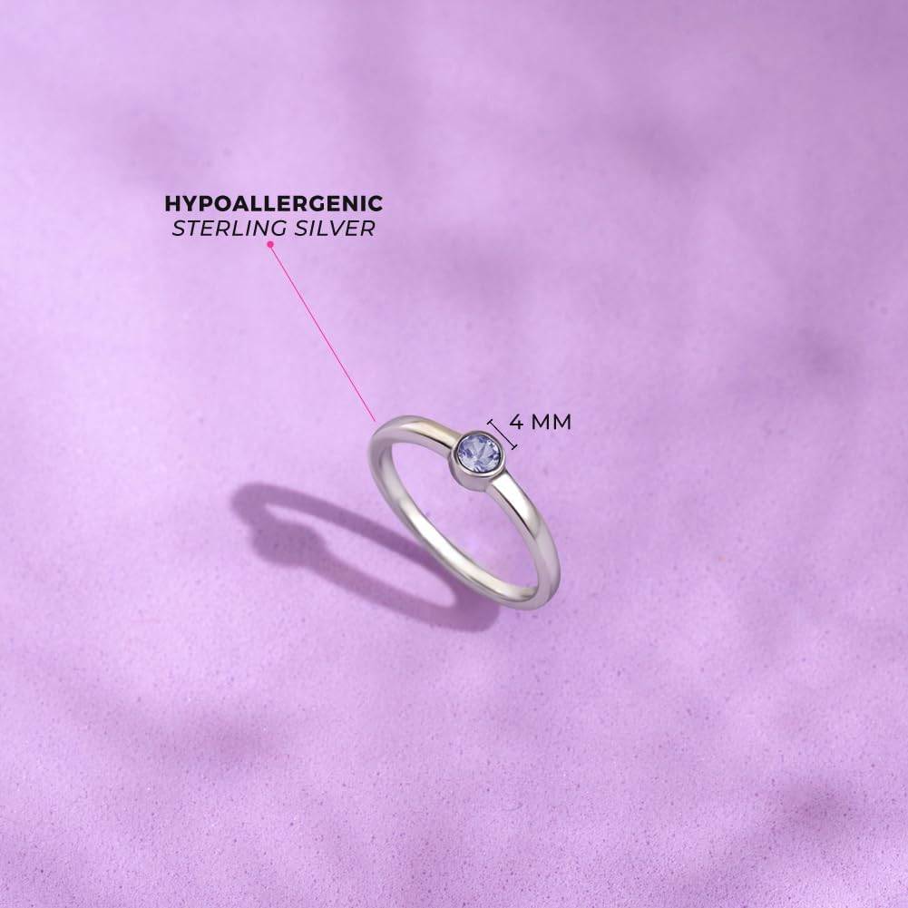 In Season Jewelry Simulated Birthstone Bezel Baby Rings - Hypoallergenic 925 Sterling Silver Cubic Zirconia Girls Rings - Comfortable & Safe for Preteens, Teens, & Young Girls