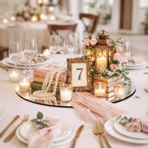 Image of 12PCS Round Mirror Plates for Centerpieces, Mirror Trays 12inch Flat Circle Mirrors for Tables Mirror Centerpieces, Circle Mirror Candle Plates for Table Centerpieces Wedding Party Centerpieces