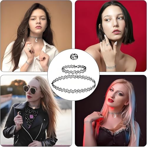 12 Stück Choker Halskette Sets,Elastische Tattoo-Halsband,Ringe,Armbänder,Jeweils 4Stück,Schwarze Choker Kette Damen 90er Jahre Outfit Damen,Punk Gothic Tattoo kette 90er jahre Accessoires für Mädchen