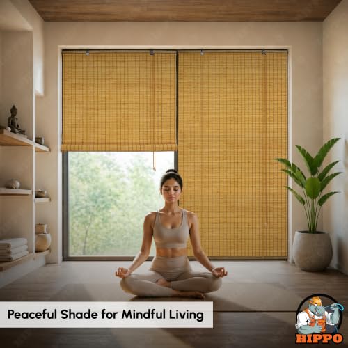 Image of HIPPO Bamboo Curtains - W-3FTXH-7FT Rope Mechanism Roll Up Down Indoor Bamboo Shade for Sun & Dust Protection for Home Window, Balcony, Restaurant, Hotel, Resort (Caramel)