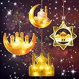 TaimeiMao 4 Stück Eid Ramadan Lichterkette,Islamische Dekoration Fee Licht,Eid Ramadan Dekorative Fenster Lichter,Mubarak Ramadan LED Muslim Nachtlicht,Mond Sonne und Schloss Vorhang Lichter