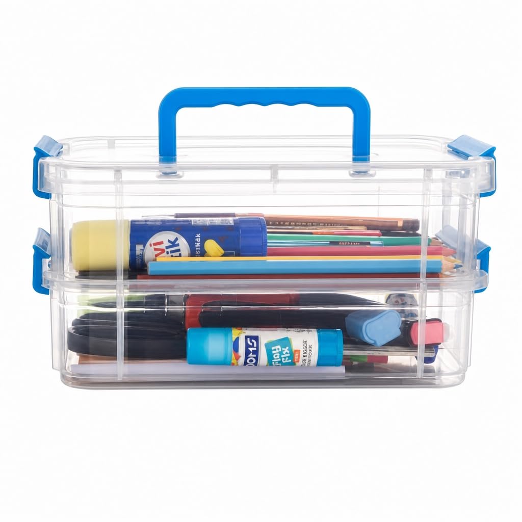 AUREON 2-Layer Stackable Storage Organizer Box with Lid – BPA-Free Clear Plastic Craft Container, Portable Carry Handle, Detachable Tiers (Multicolor)-picture-32