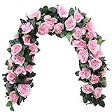 Peoxio 2 Pack 6.5 FT Artificial Flowers Rose Vine Plants Hanging Rose Ivy Wedding Garland Greenery Home Hotel Office Party Garden Craft Art Decor (Pink)¡­