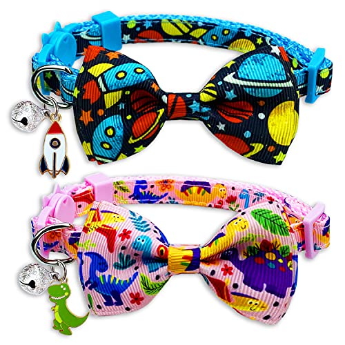 Pohshido 2 Pack Cat Bow Tie Collar with Bell, Kitty Kitten Dinosaur and Spaceship Collar for Male Female Girls and Boys Cats(Spaceship Dinosaur)