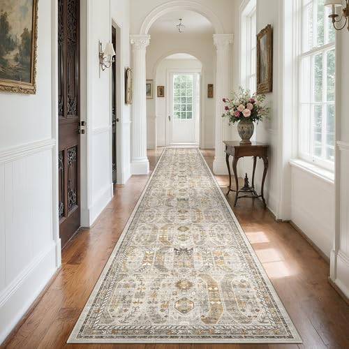 Madane 3x20 Hallway Runner Rug - Extra Long Carpet Runners for Hallways 20ft Non Slip Stain Resistant Rugs Runner for Living Room Bedroom 20 Feet Distressed Floor Carpet for Kitchen, Brown/Gold