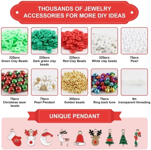 1320Pcs Christmas Beads DIY Bracelet Making Kits,Clay Beads for Girls Jewelry Making,Christmas Charm Pendant Crafts Threading Beads,Glass Pearl Beads,Bells,Jewellery Making Necklace Earrings Gifts