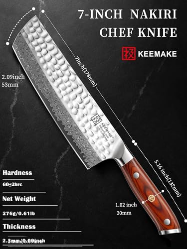 Image of KEEMAKE Nakiri Chef Knife, 7 Inch 67-Layer Damascus Japanese Kitchen Knife with Ergonomic Pakkawood Handle, Ultra Sharp Non-Slip Cooking Vegetable Knife with Ash Sheath & Dad Gift Box