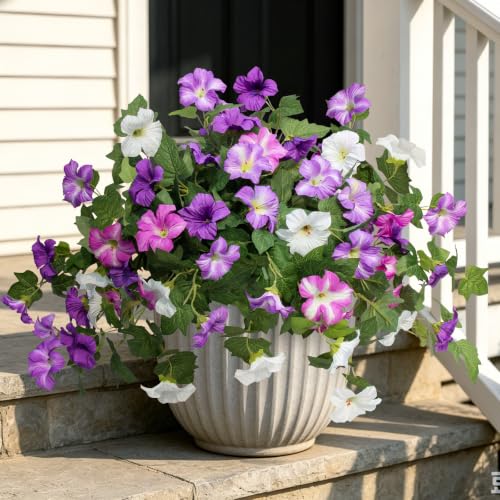 Flortevera Artificial Fake Flowers Plants for Outdoor UV Resistant, 2PCS Silk Faux Petunias No Fade Summer for Outside Planter Front Door Porch Yard Patio Balcony Realistic Decoration Purple White — view 3