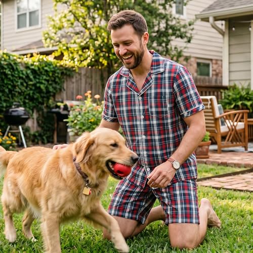 Image of Vulcanodon Mens Cotton Pajama Set Short Sleeve, Button Down Pajama Set for Men Lightweight Men's Sleepwear